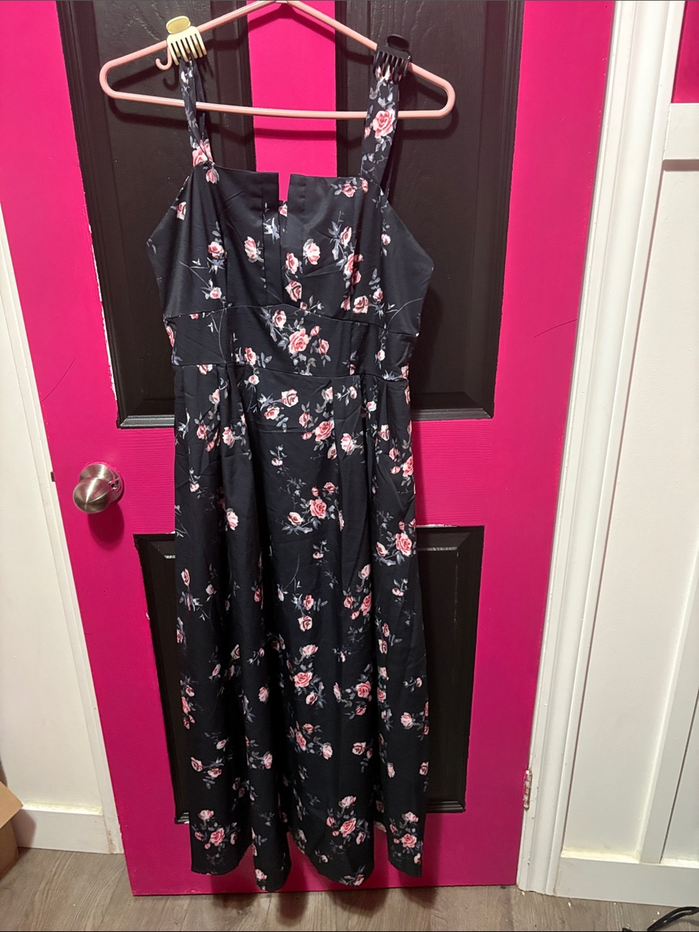 Black Floral Strappy Dress with Pink Rose Print
